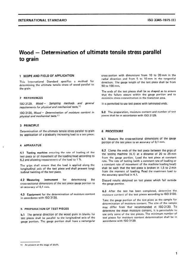 ISO 3345:1975 - Wood -- Determination of ultimate tensile stress parallel to grain