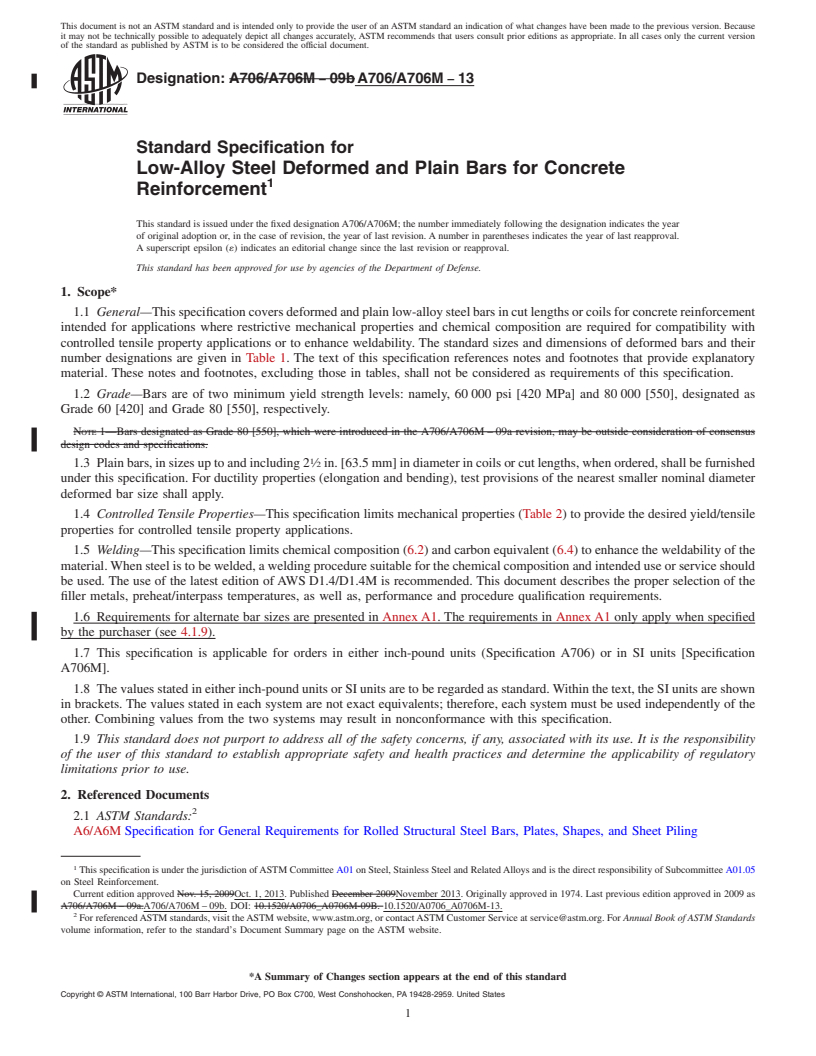 REDLINE ASTM A706/A706M-13 - Standard Specification for  Low-Alloy Steel Deformed and Plain Bars for Concrete Reinforcement