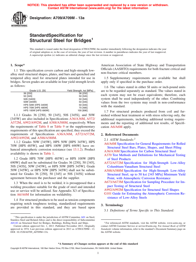 ASTM A709/A709M-13a - Standard Specification for Structural Steel for Bridges