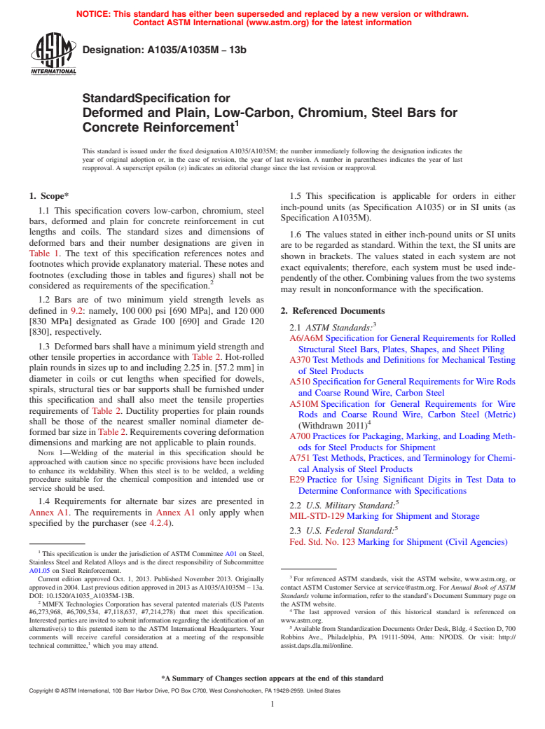 ASTM A1035/A1035M-13b - Standard Specification for  Deformed and Plain, Low-Carbon, Chromium, Steel Bars for Concrete  Reinforcement