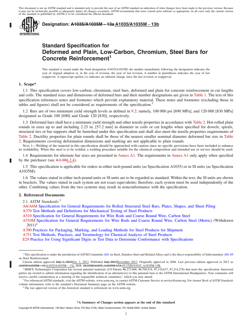 REDLINE ASTM A1035/A1035M-13b - Standard Specification for  Deformed and Plain, Low-Carbon, Chromium, Steel Bars for Concrete  Reinforcement