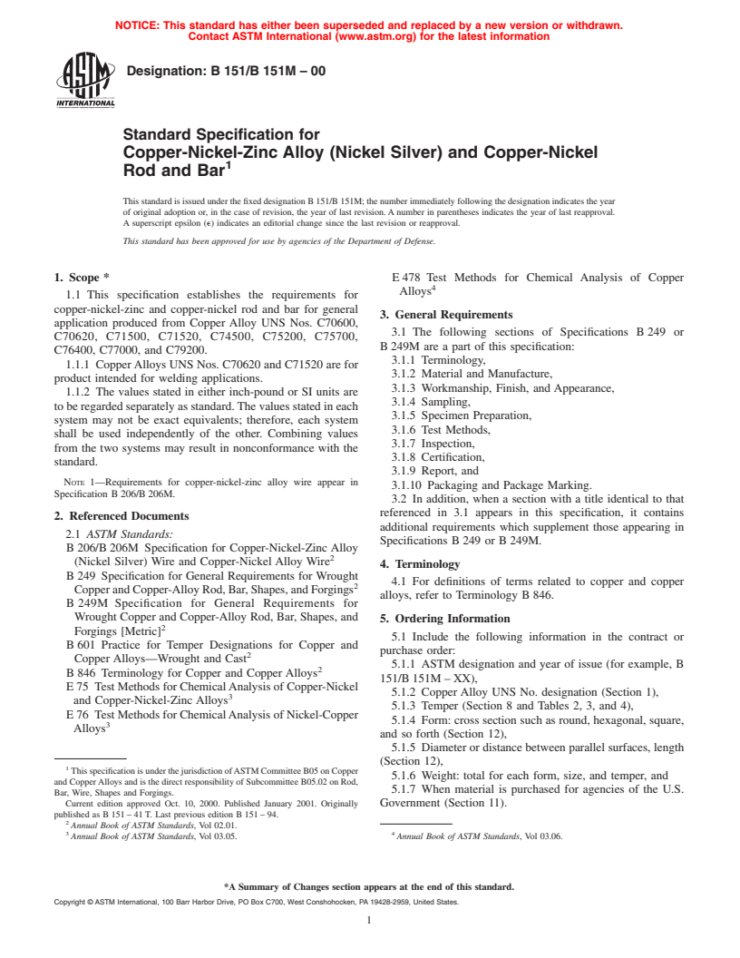 ASTM B151/B151M-00 - Standard Specification for Copper-Nickel-Zinc Alloy (Nickel Silver) and Copper-Nickel Rod and Bar