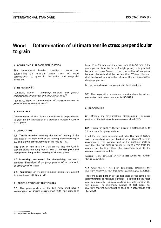 ISO 3346:1975 - Wood -- Determination of ultimate tensile stress perpendicular to grain