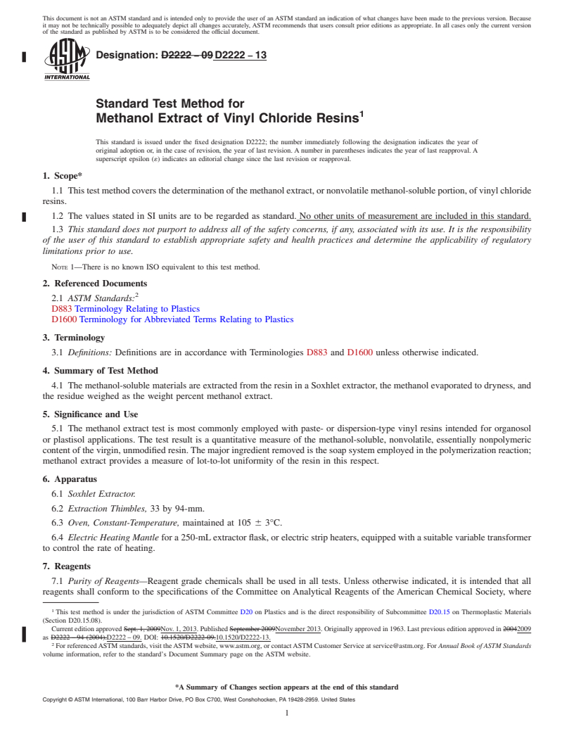 REDLINE ASTM D2222-13 - Standard Test Method for  Methanol Extract of Vinyl Chloride Resins