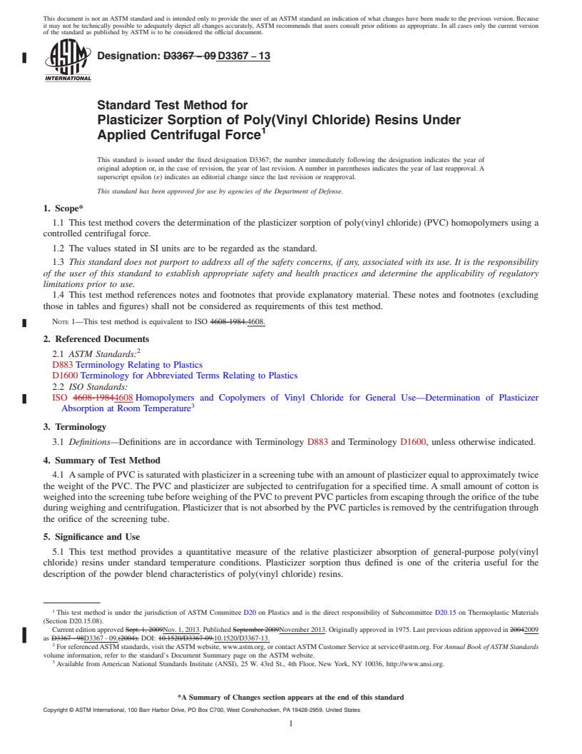 REDLINE ASTM D3367-13 - Standard Test Method for  Plasticizer Sorption of Poly(Vinyl Chloride) Resins Under Applied  Centrifugal Force