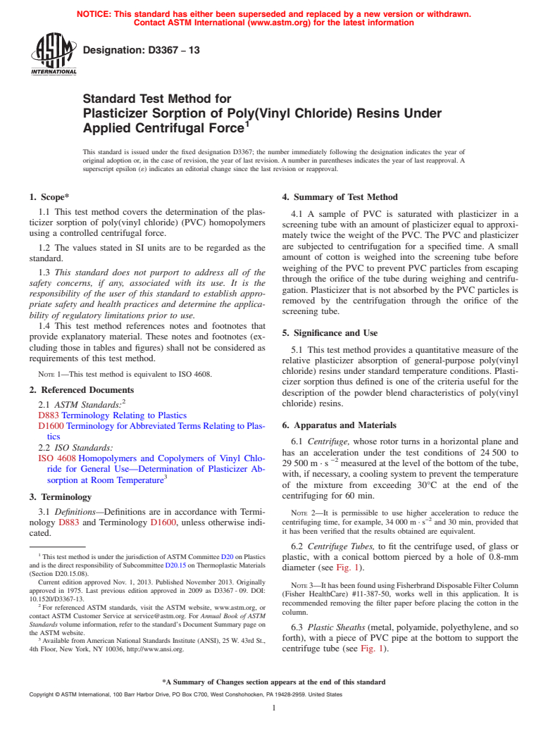 ASTM D3367-13 - Standard Test Method for  Plasticizer Sorption of Poly(Vinyl Chloride) Resins Under Applied  Centrifugal Force