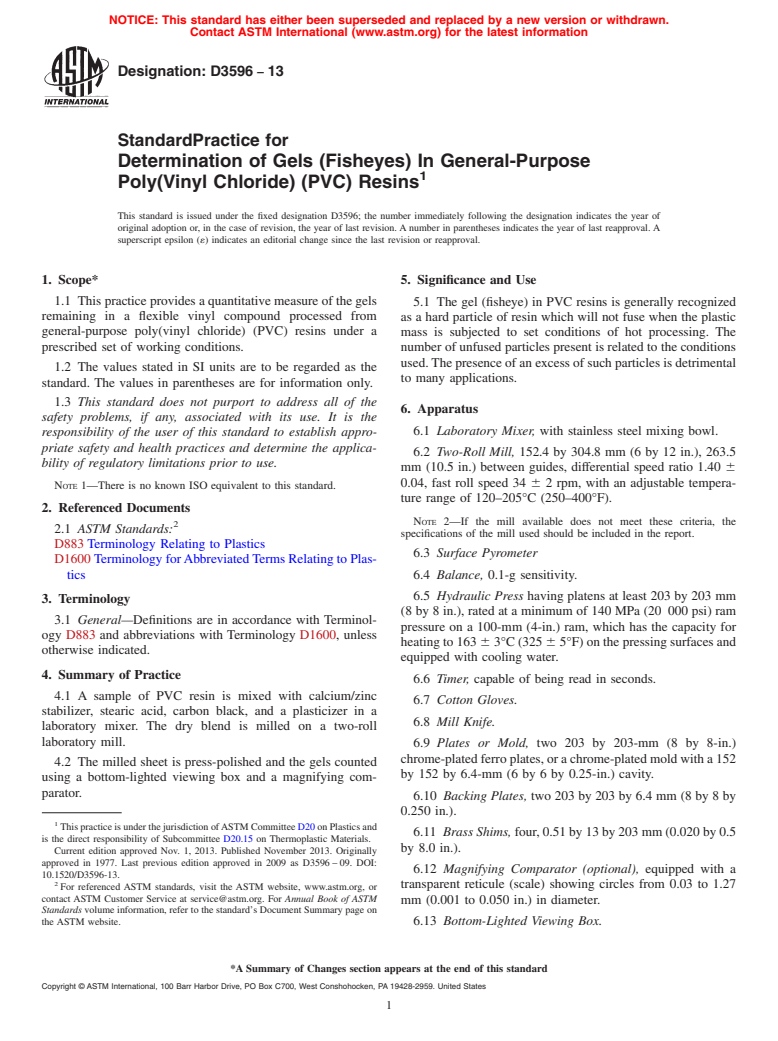 ASTM D3596-13 - Standard Practice for  Determination of Gels (Fisheyes) In General-Purpose Poly(Vinyl Chloride) (PVC) Resins