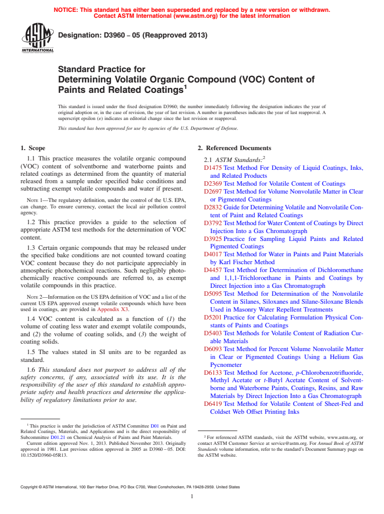 ASTM D3960-05(2013) - Standard Practice for Determining Volatile Organic Compound (VOC)Content of Paints   and Related  Coatings