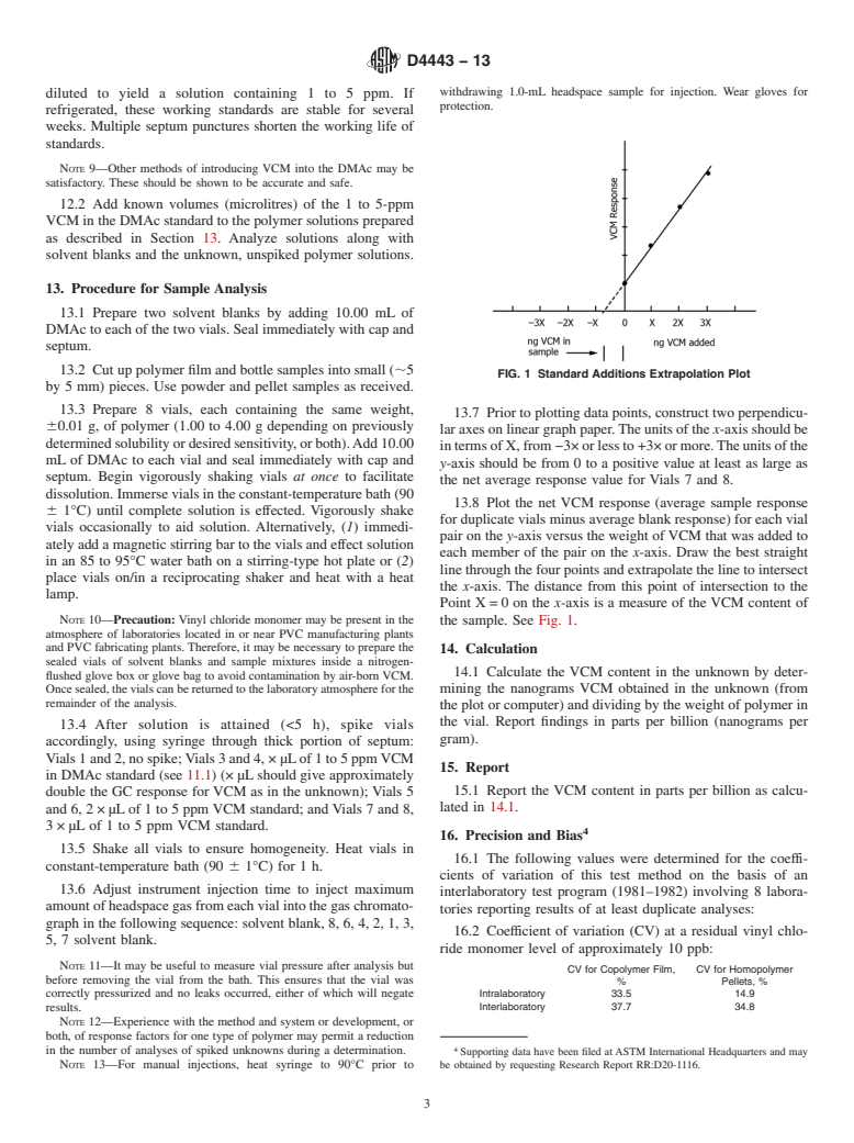 ASTM D4443-13 - Standard Test Method for  Determining Residual Vinyl Chloride Monomer Content in PPB  Range in Vinyl Chloride Homo- and Co-Polymers by Headspace Gas Chromatography