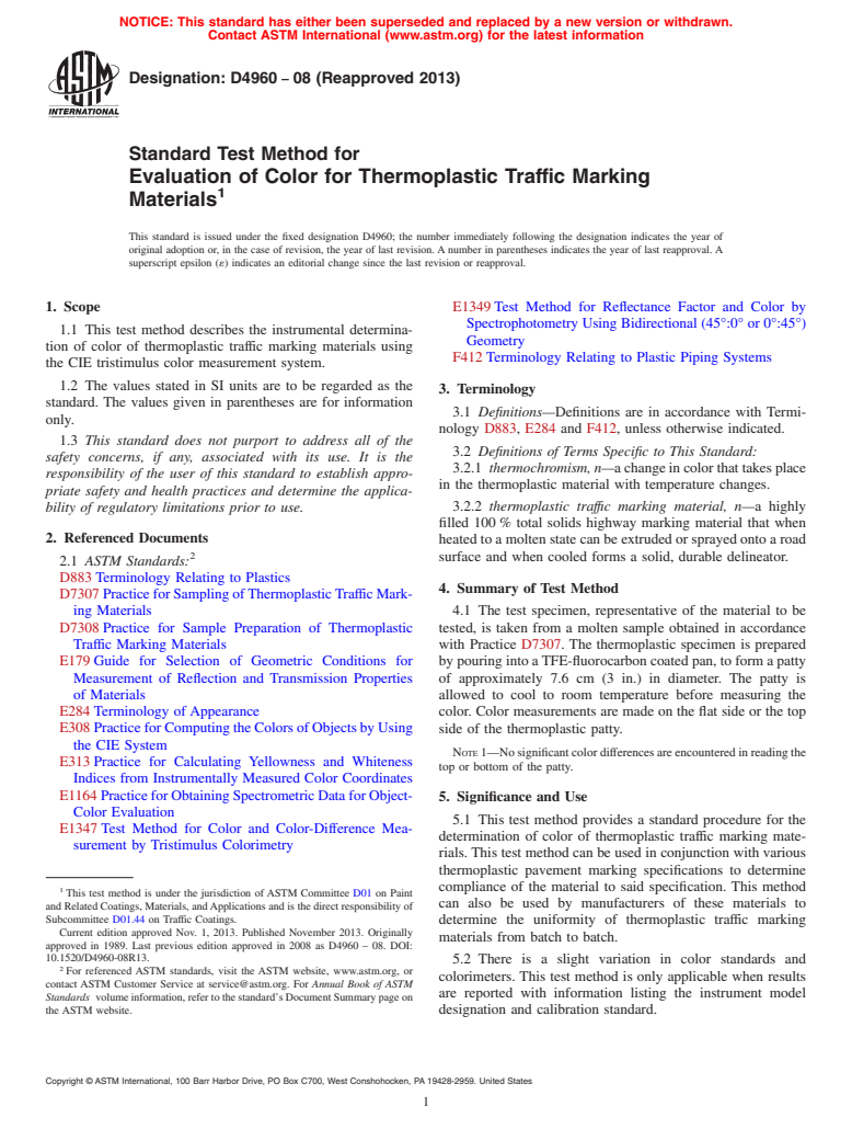 ASTM D4960-08(2013) - Standard Test Method for Evaluation of Color for Thermoplastic Traffic Marking Materials