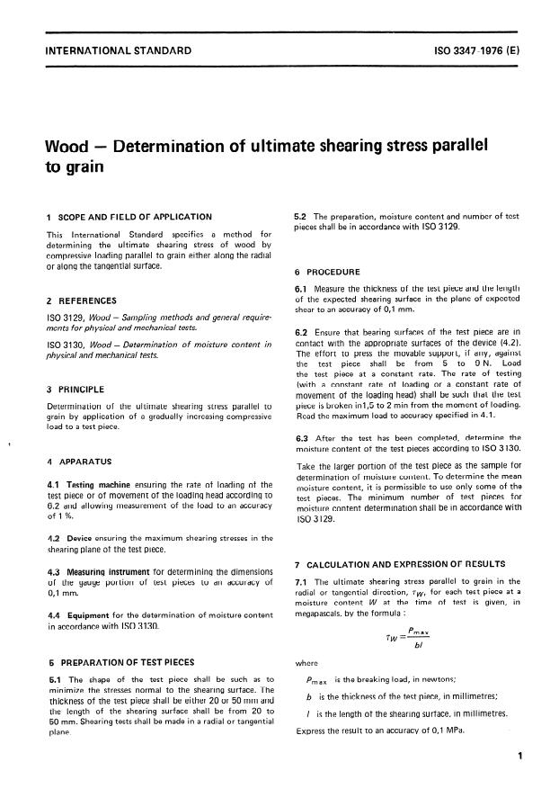 ISO 3347:1976 - Wood -- Determination of ultimate shearing stress parallel to grain