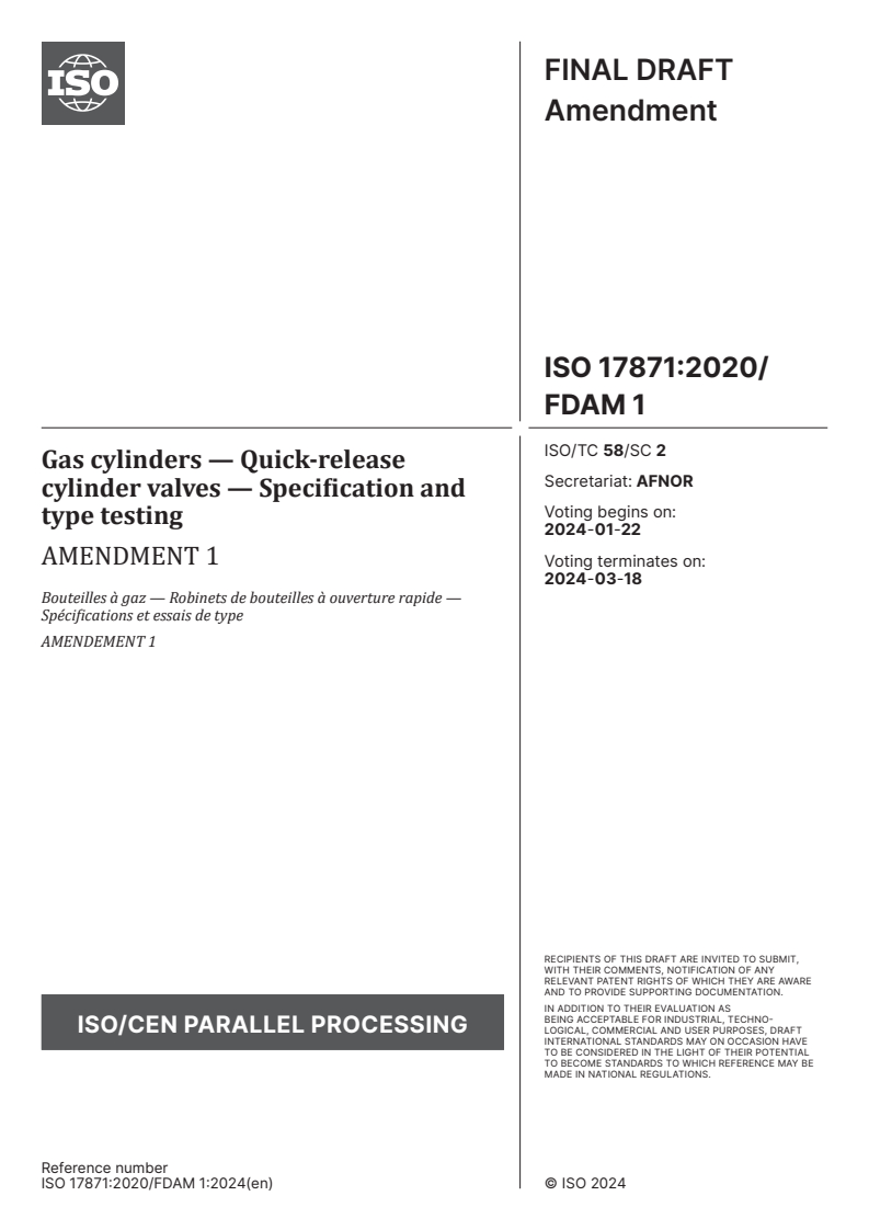 ISO 17871:2020/FDAmd 1 - Gas cylinders — Quick-release cylinder valves — Specification and type testing — Amendment 1
Released:8. 01. 2024