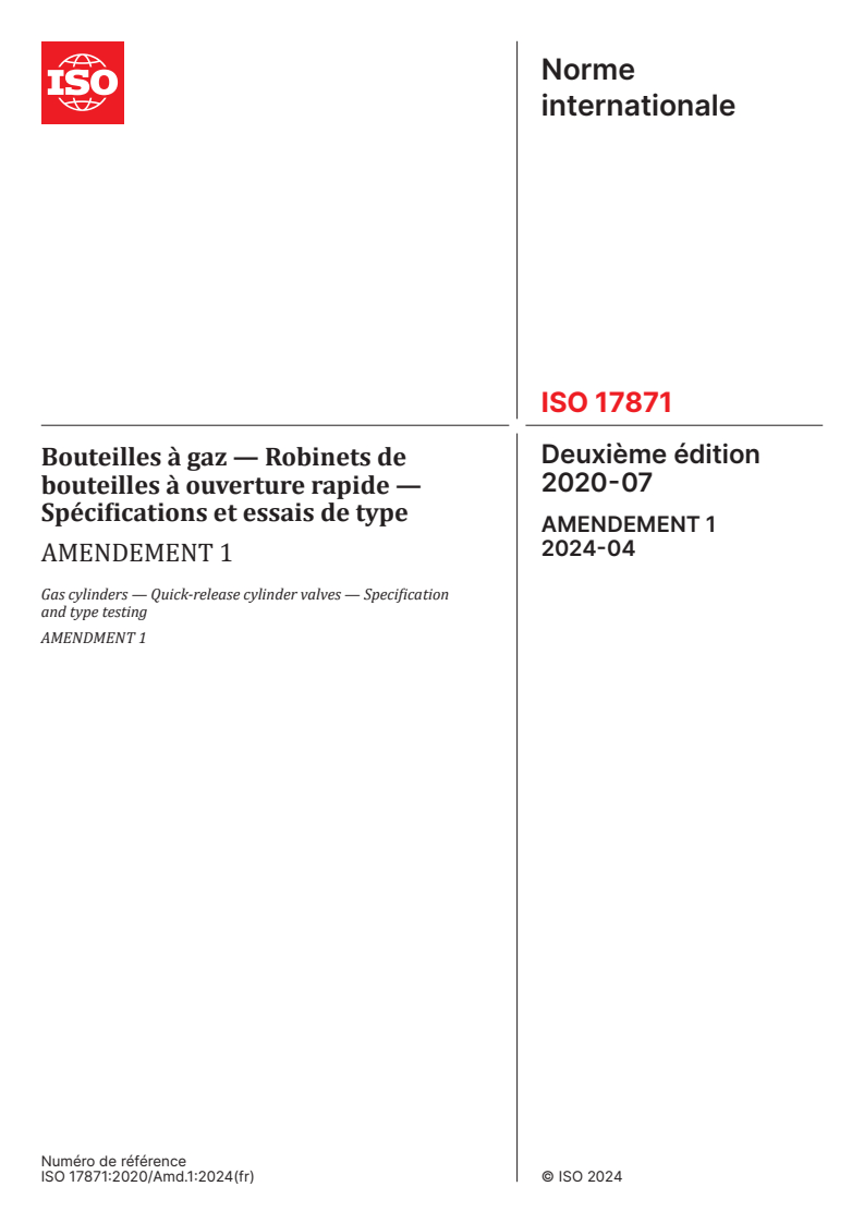 ISO 17871:2020/Amd 1:2024 - Bouteilles à gaz — Robinets de bouteilles à ouverture rapide — Spécifications et essais de type — Amendement 1
Released:15. 04. 2024
