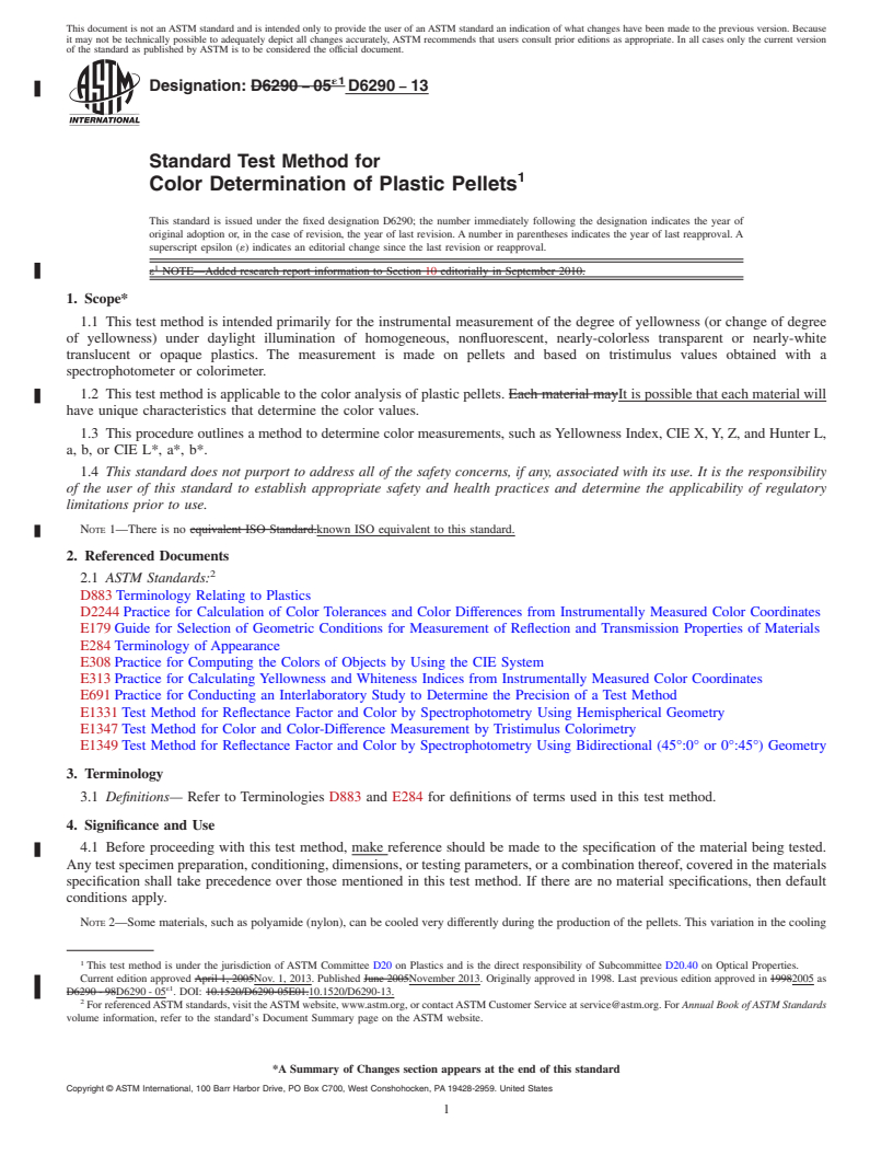 REDLINE ASTM D6290-13 - Standard Test Method for  Color Determination of Plastic Pellets