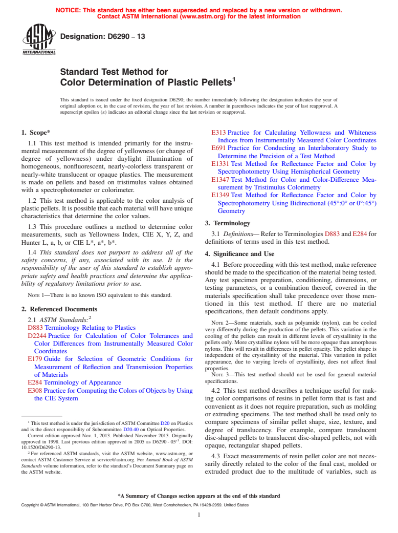 ASTM D6290-13 - Standard Test Method for  Color Determination of Plastic Pellets