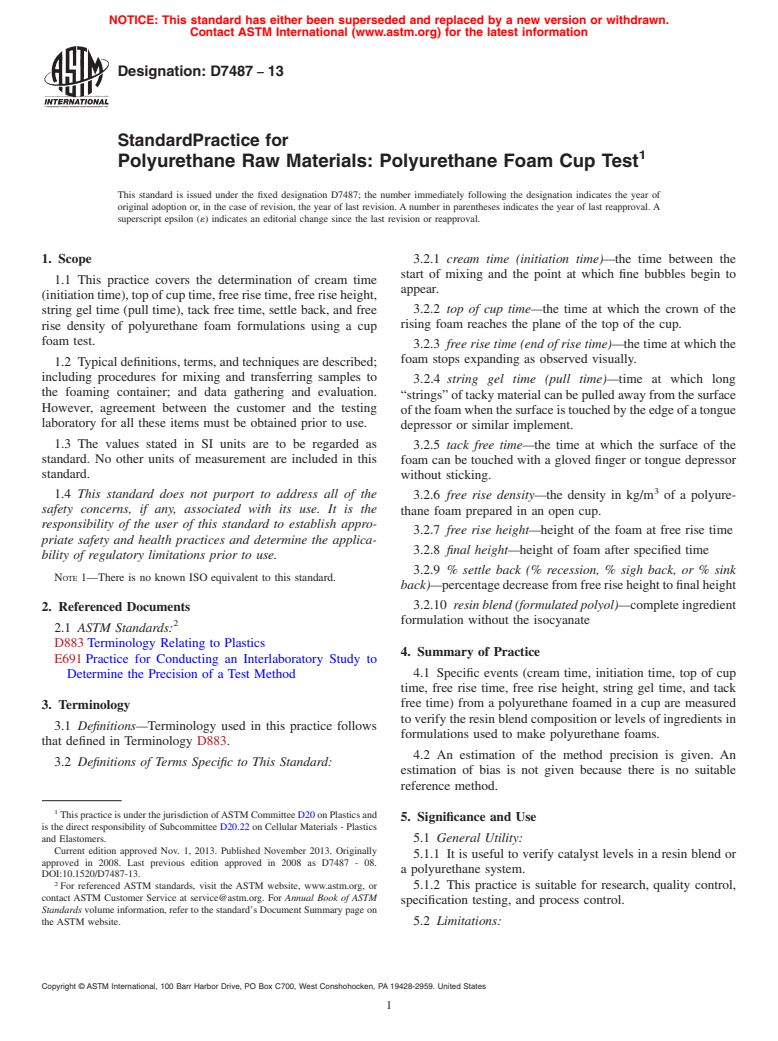 ASTM D7487-13 - Standard Practice for  Polyurethane Raw Materials: Polyurethane Foam Cup Test