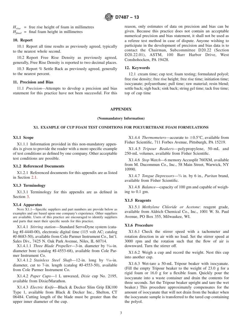 ASTM D7487-13 - Standard Practice for  Polyurethane Raw Materials: Polyurethane Foam Cup Test