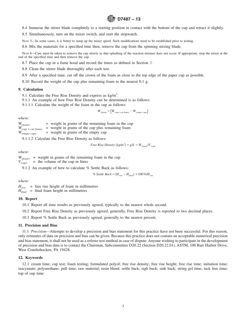 REDLINE ASTM D7487-13 - Standard Practice for  Polyurethane Raw Materials: Polyurethane Foam Cup Test