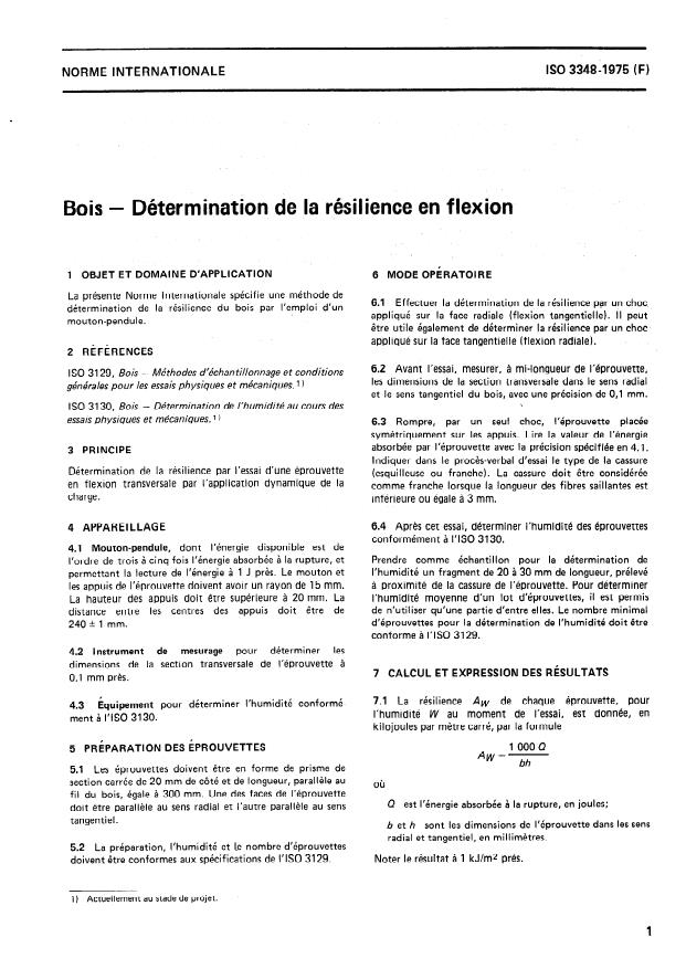 ISO 3348:1975 - Bois -- Détermination de la résilience en flexion