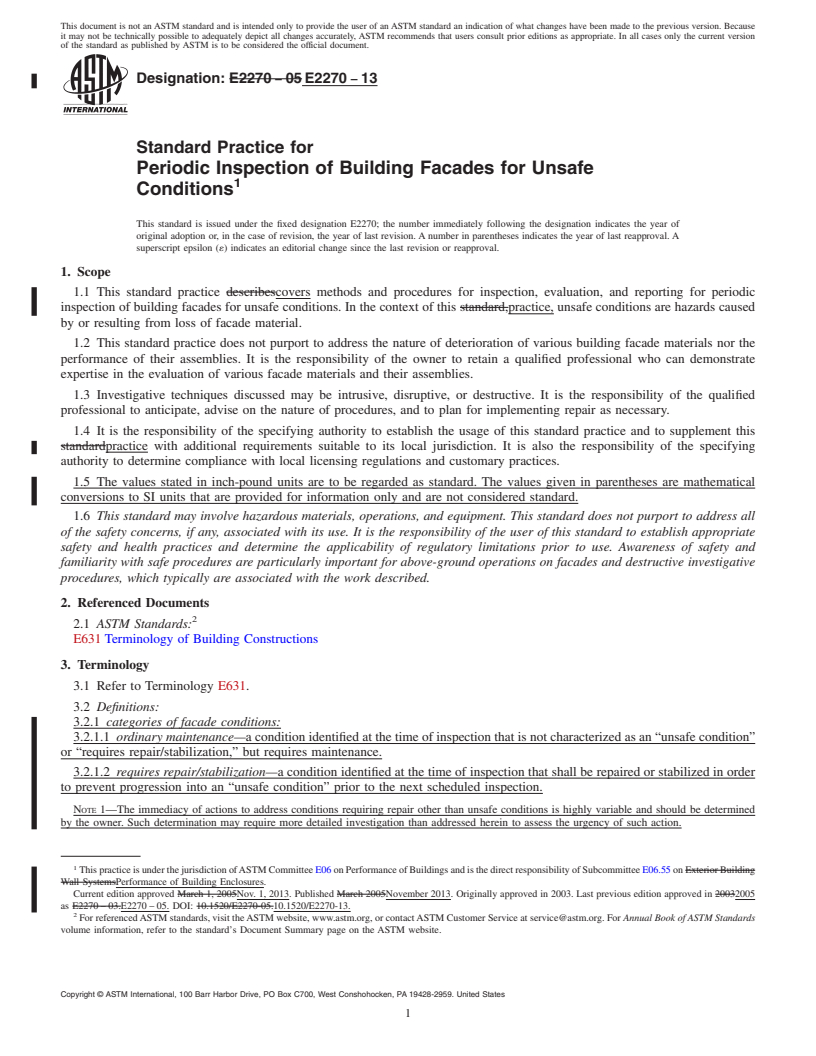 REDLINE ASTM E2270-13 - Standard Practice for  Periodic Inspection of Building Facades for Unsafe Conditions