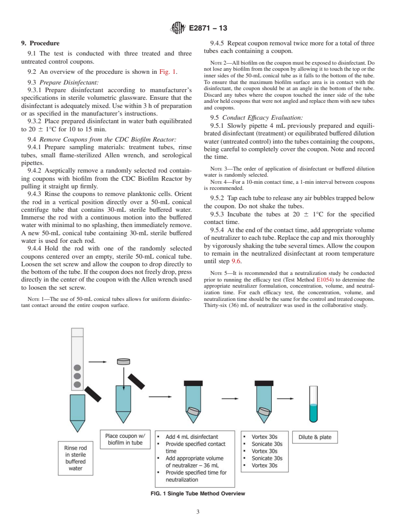 ASTM E2871-13 - Standard Test Method for Evaluating Disinfectant Efficacy Against <i>Pseudomonas aeruginosa</i> Biofilm Grown in CDC Biofilm Reactor Using Single Tube Method