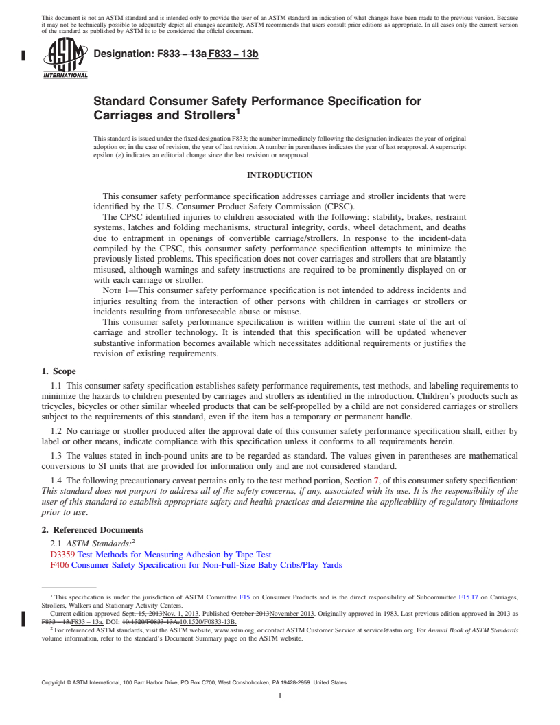 REDLINE ASTM F833-13b - Standard Consumer Safety Performance Specification for  Carriages and Strollers