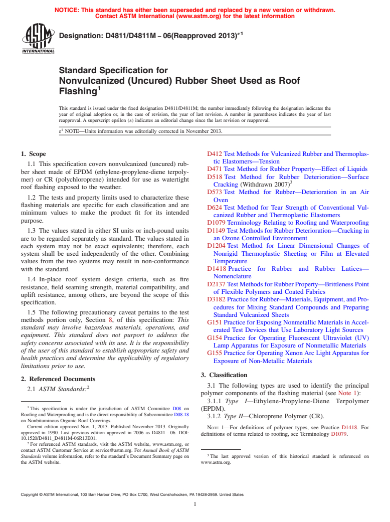 ASTM D4811/D4811M-06(2013)e1 - Standard Specification for Nonvulcanized (Uncured) Rubber Sheet Used as Roof Flashing