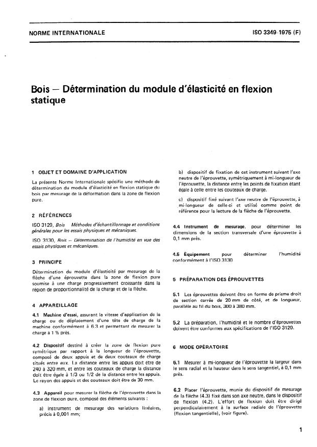 ISO 3349:1975 - Bois -- Détermination du module d'élasticité en flexion statique