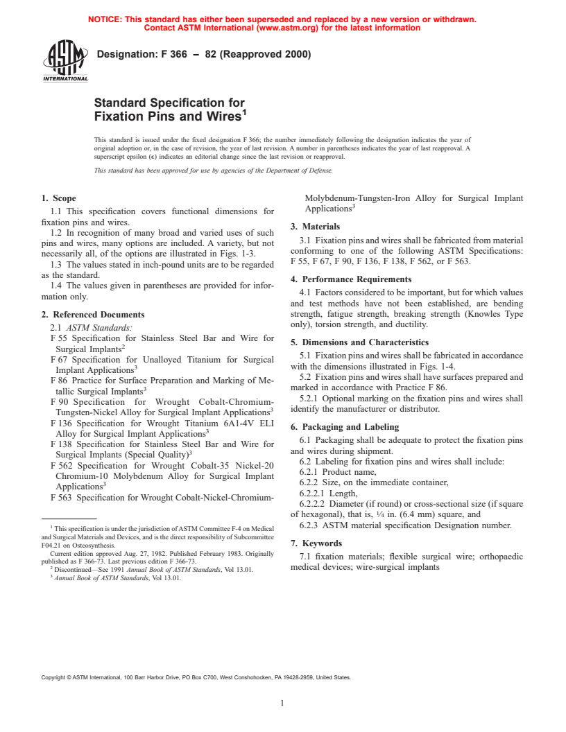 ASTM F366-82(2000) - Standard Specification for Fixation Pins and Wires