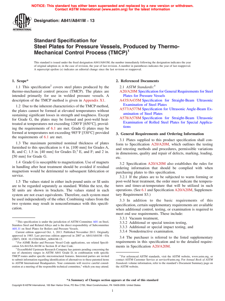 ASTM A841/A841M-13 - Standard Specification for  Steel Plates for Pressure Vessels, Produced by Thermo-Mechanical  Control  Process (TMCP)