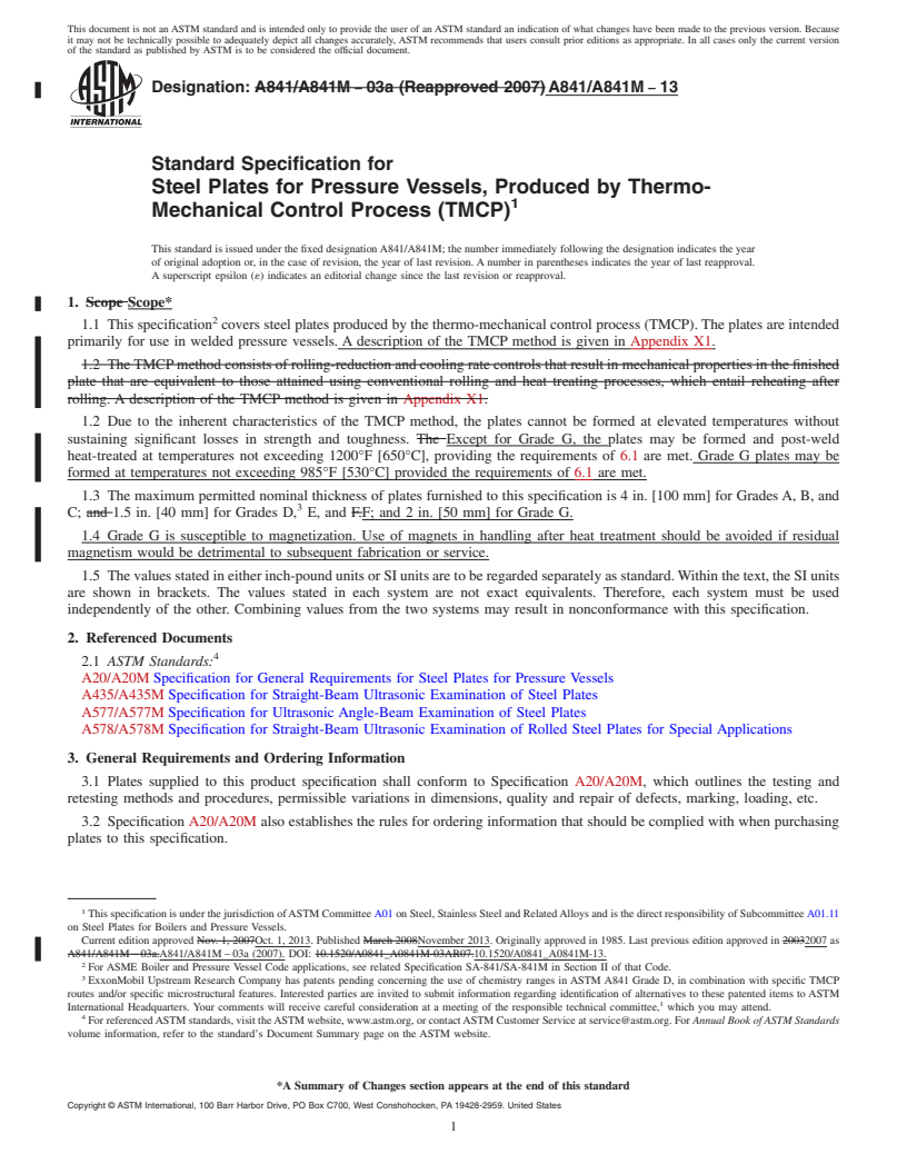 REDLINE ASTM A841/A841M-13 - Standard Specification for  Steel Plates for Pressure Vessels, Produced by Thermo-Mechanical  Control  Process (TMCP)