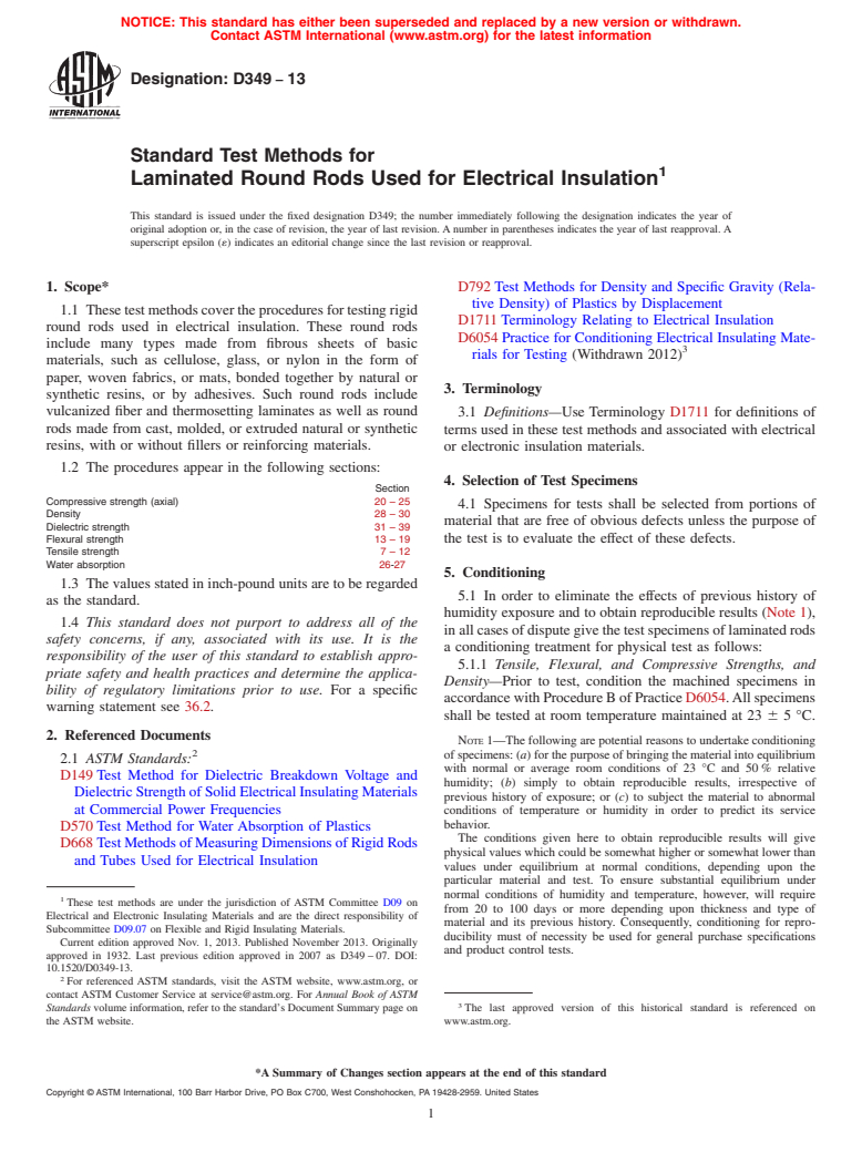 ASTM D349-13 - Standard Test Methods for  Laminated Round Rods Used for Electrical Insulation (Withdrawn 2020)