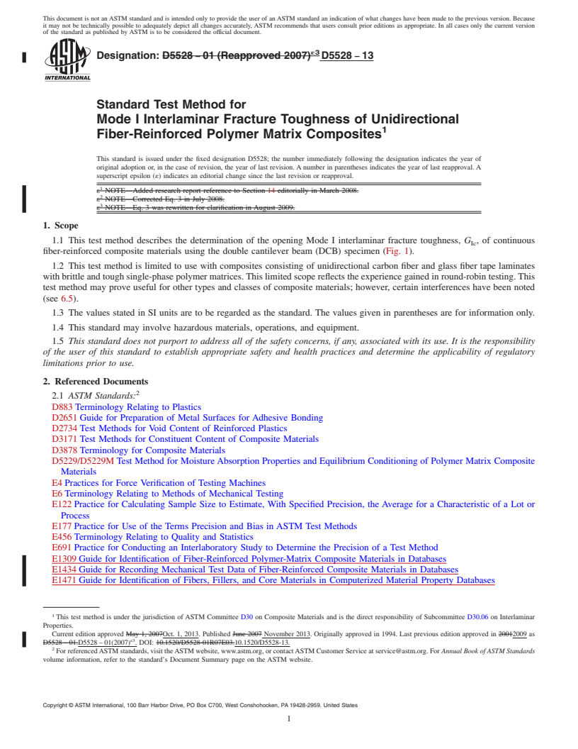 REDLINE ASTM D5528-13 - Standard Test Method for  Mode I Interlaminar Fracture Toughness of Unidirectional Fiber-Reinforced  Polymer Matrix Composites