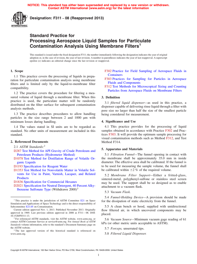 ASTM F311-08(2013) - Standard Practice for  Processing Aerospace Liquid Samples for Particulate Contamination  Analysis Using Membrane Filters