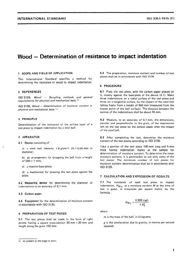 ISO 3351:1975 - Wood -- Determination of resistance to impact indentation