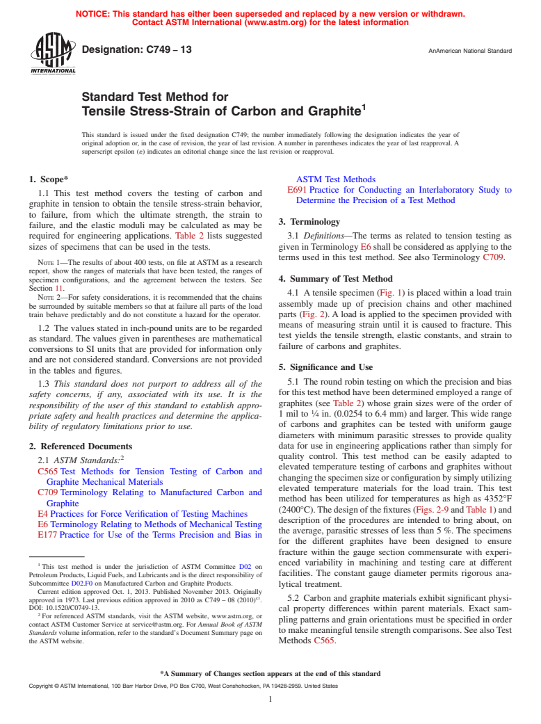 ASTM C749-13 - Standard Test Method for  Tensile Stress-Strain of Carbon and Graphite