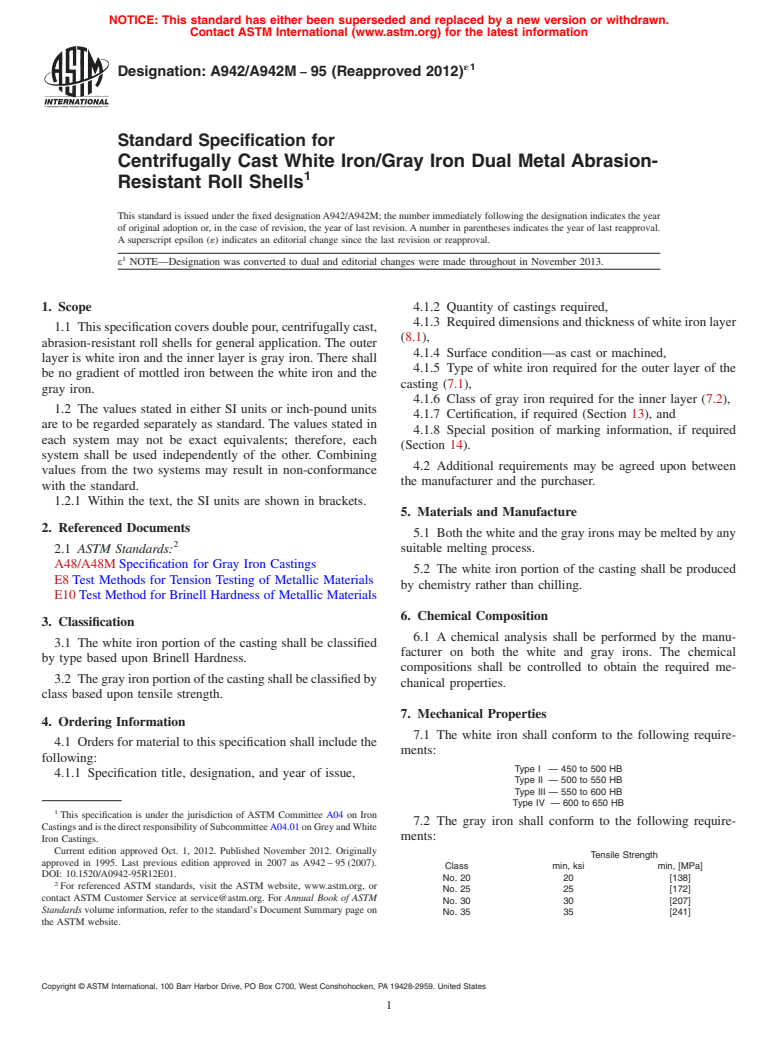 ASTM A942/A942M-95(2012)e1 - Standard Specification for Centrifugally Cast White Iron/Gray Iron Dual Metal Abrasion-Resistant Roll Shells