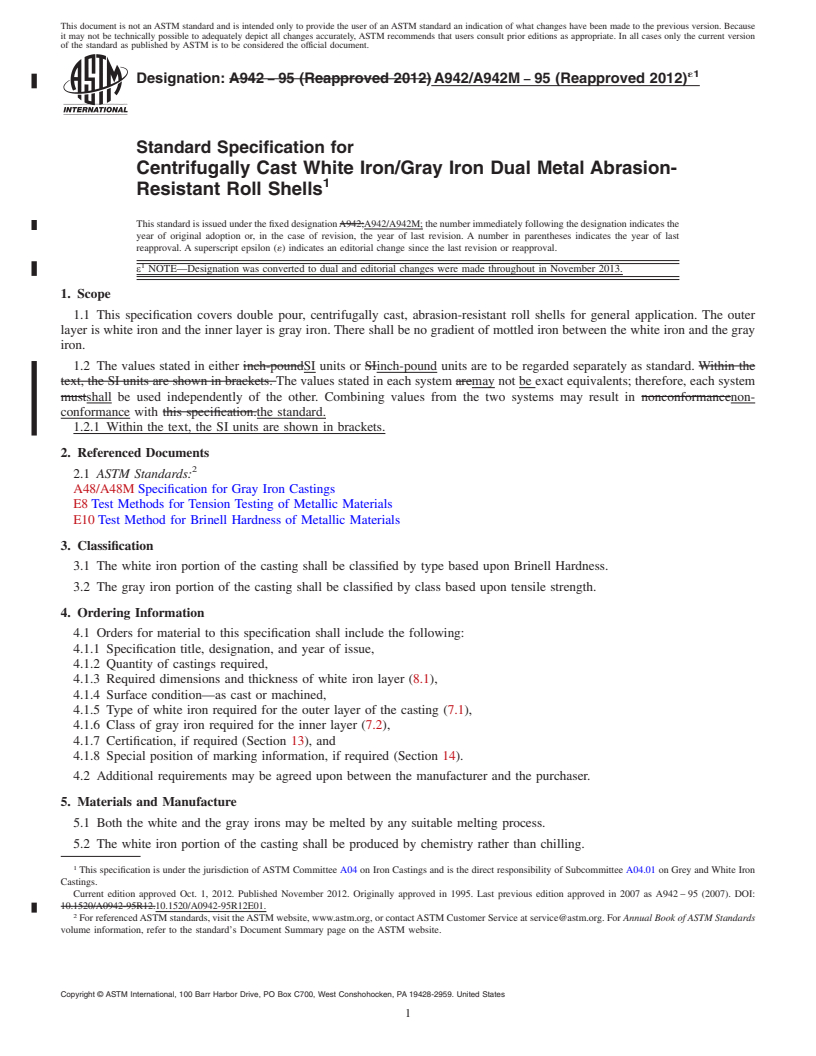 REDLINE ASTM A942/A942M-95(2012)e1 - Standard Specification for Centrifugally Cast White Iron/Gray Iron Dual Metal Abrasion-Resistant Roll Shells