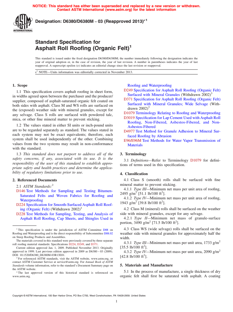 ASTM D6380/D6380M-03(2013)e1 - Standard Specification for Asphalt Roll Roofing (Organic Felt)