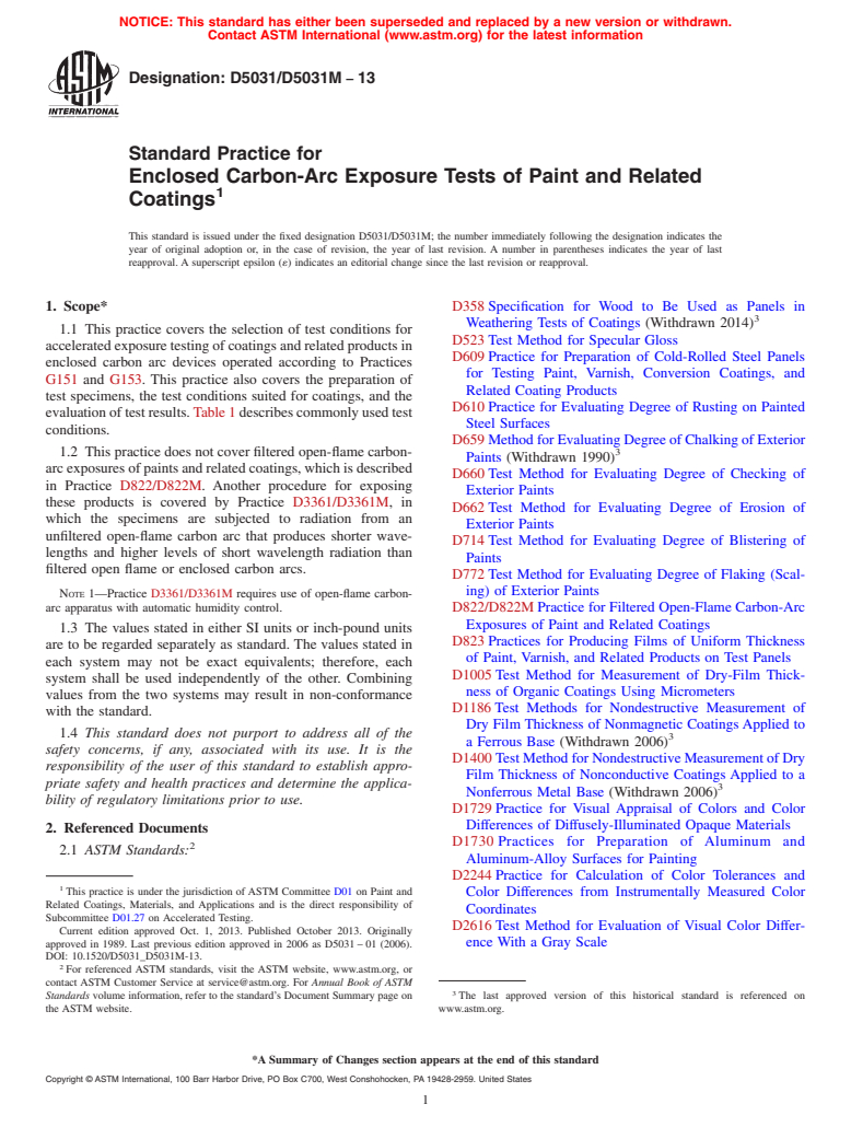 ASTM D5031/D5031M-13 - Standard Practice for Enclosed Carbon-Arc Exposure Tests of Paint and Related Coatings