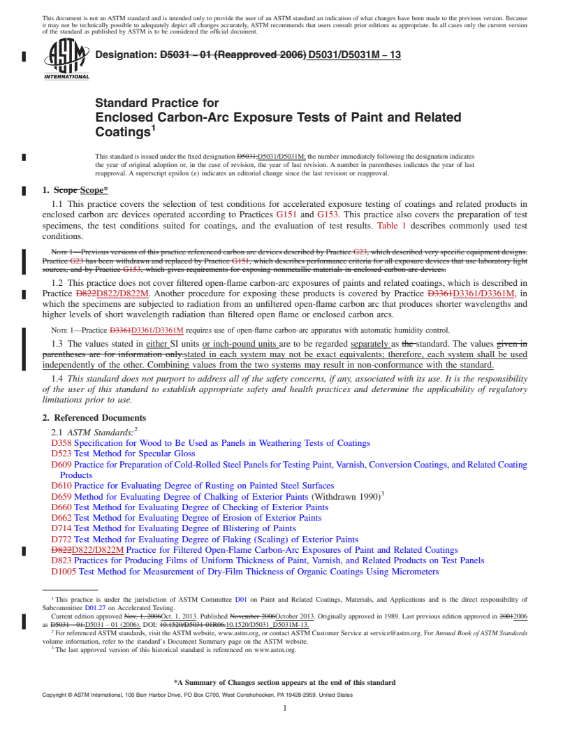 REDLINE ASTM D5031/D5031M-13 - Standard Practice for Enclosed Carbon-Arc Exposure Tests of Paint and Related Coatings