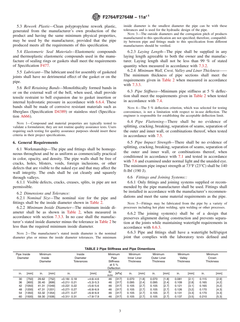 ASTM F2764/F2764M-11ae1 - Standard Specification for 30 to 60 in. [750 to 1500 mm] Polypropylene (PP) Triple Wall Pipe and Fittings for Non-Pressure Sanitary Sewer Applications