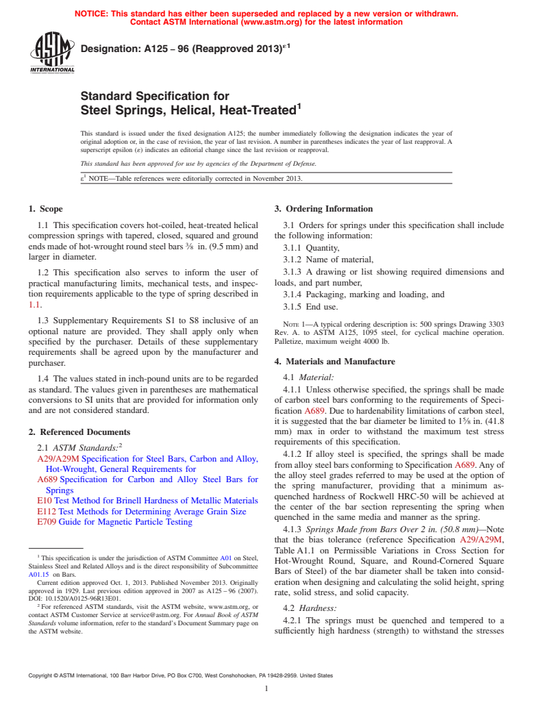 ASTM A125-96(2013)e1 - Standard Specification for  Steel Springs, Helical, Heat-Treated