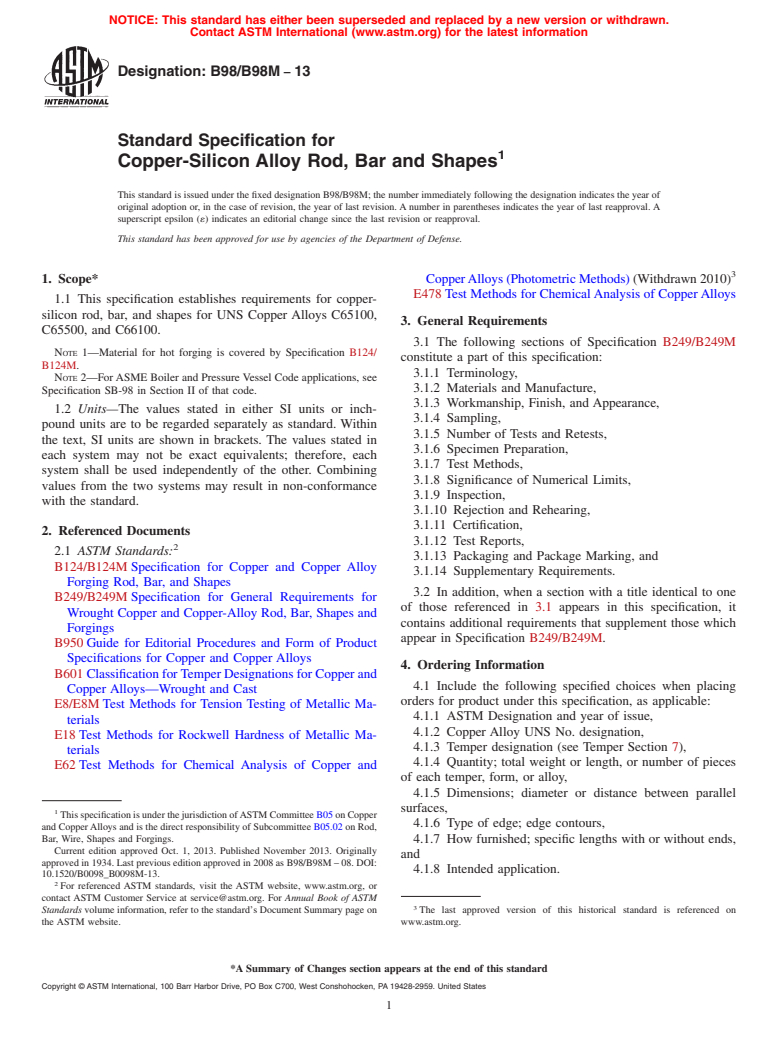 ASTM B98/B98M-13 - Standard Specification for  Copper-Silicon Alloy Rod, Bar and Shapes