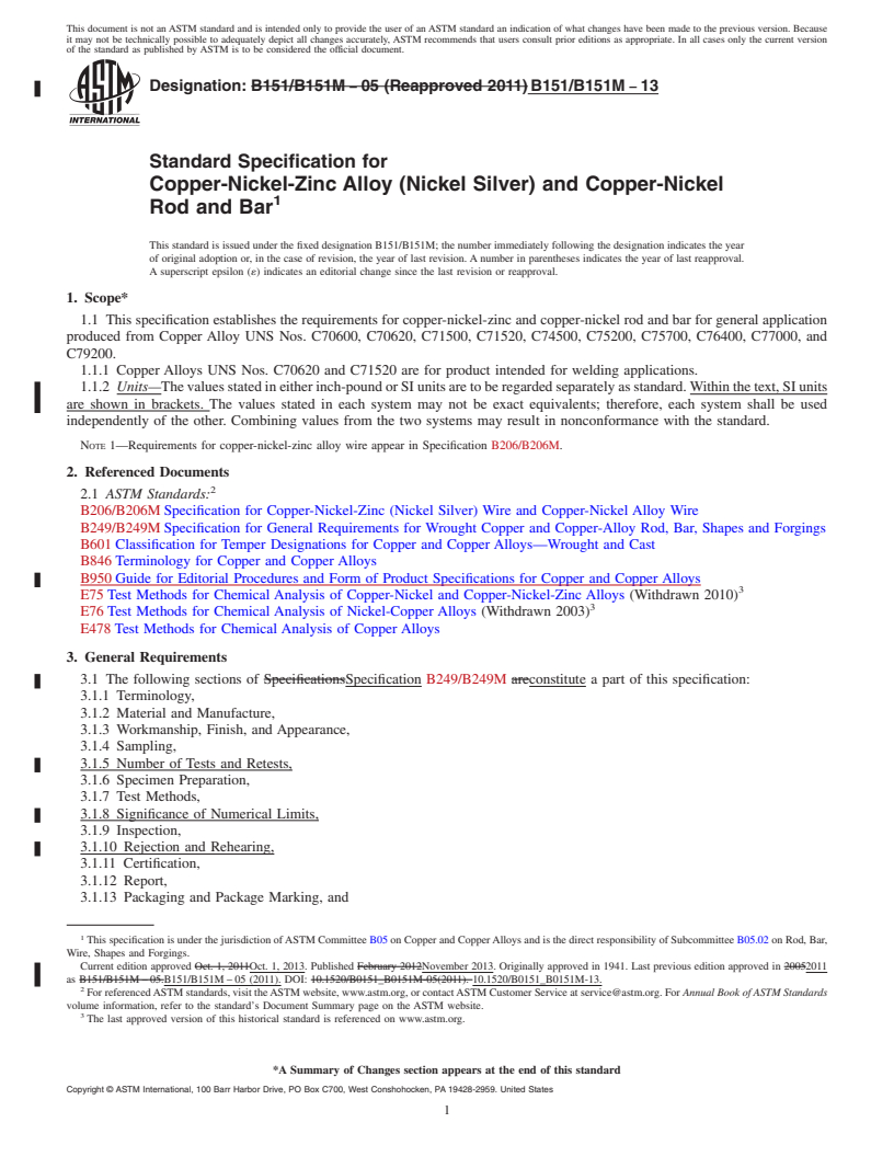 REDLINE ASTM B151/B151M-13 - Standard Specification for  Copper-Nickel-Zinc Alloy (Nickel Silver) and Copper-Nickel  Rod and Bar