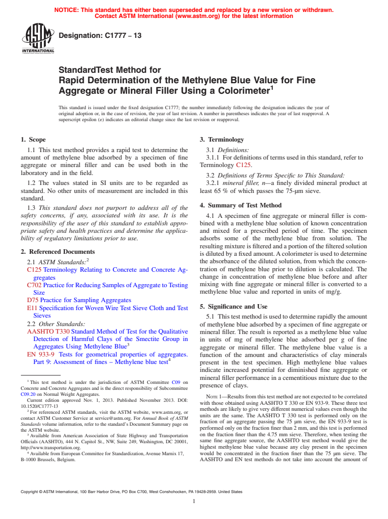 ASTM C1777-13 - Standard Test Method for Rapid Determination of the Methylene Blue Value for Fine Aggregate  or Mineral Filler Using a Colorimeter