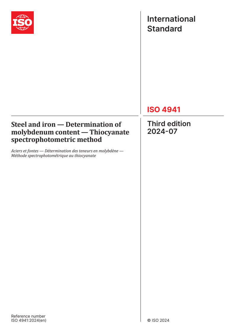 ISO 4941:2024 - Steel and iron — Determination of molybdenum content — Thiocyanate spectrophotometric method
Released:23. 07. 2024