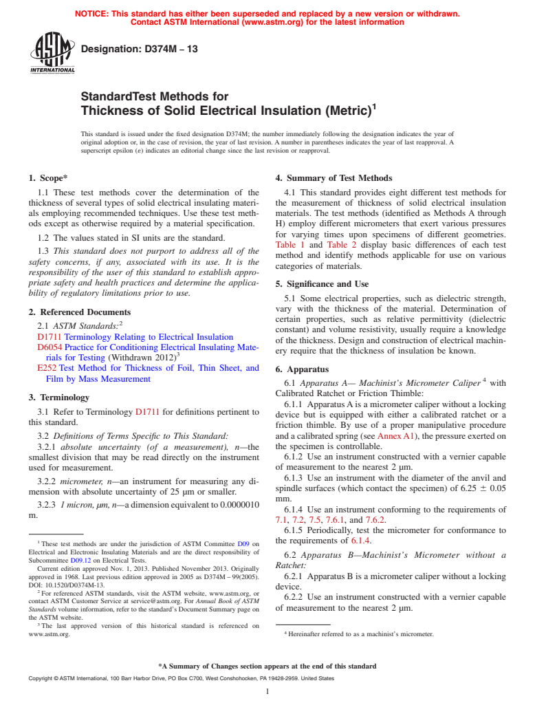 ASTM D374M-13 - Standard Test Methods for  Thickness of Solid Electrical Insulation (Metric) (Withdrawn 2016)
