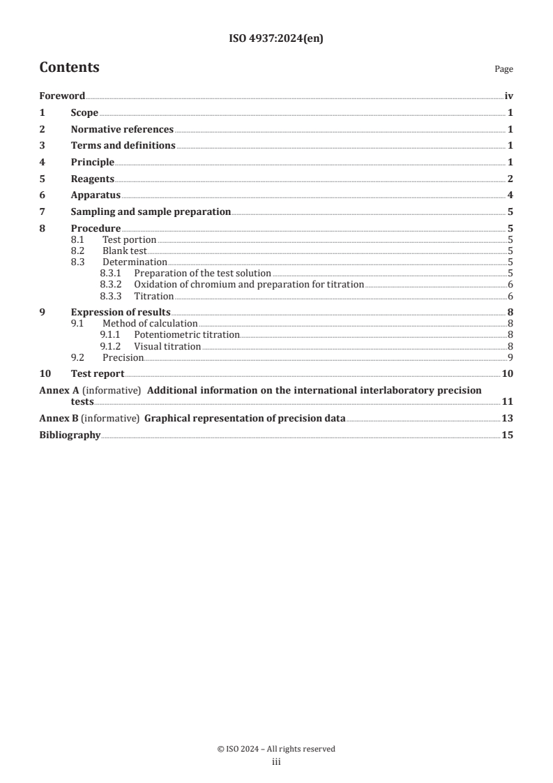 ISO 4937:2024 - Steel and iron — Determination of chromium content — Potentiometric or visual titration method
Released:12/2/2024