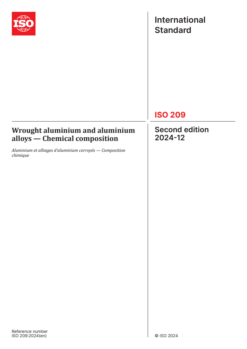 ISO 209:2024 - Wrought aluminium and aluminium alloys — Chemical composition
Released:12/19/2024